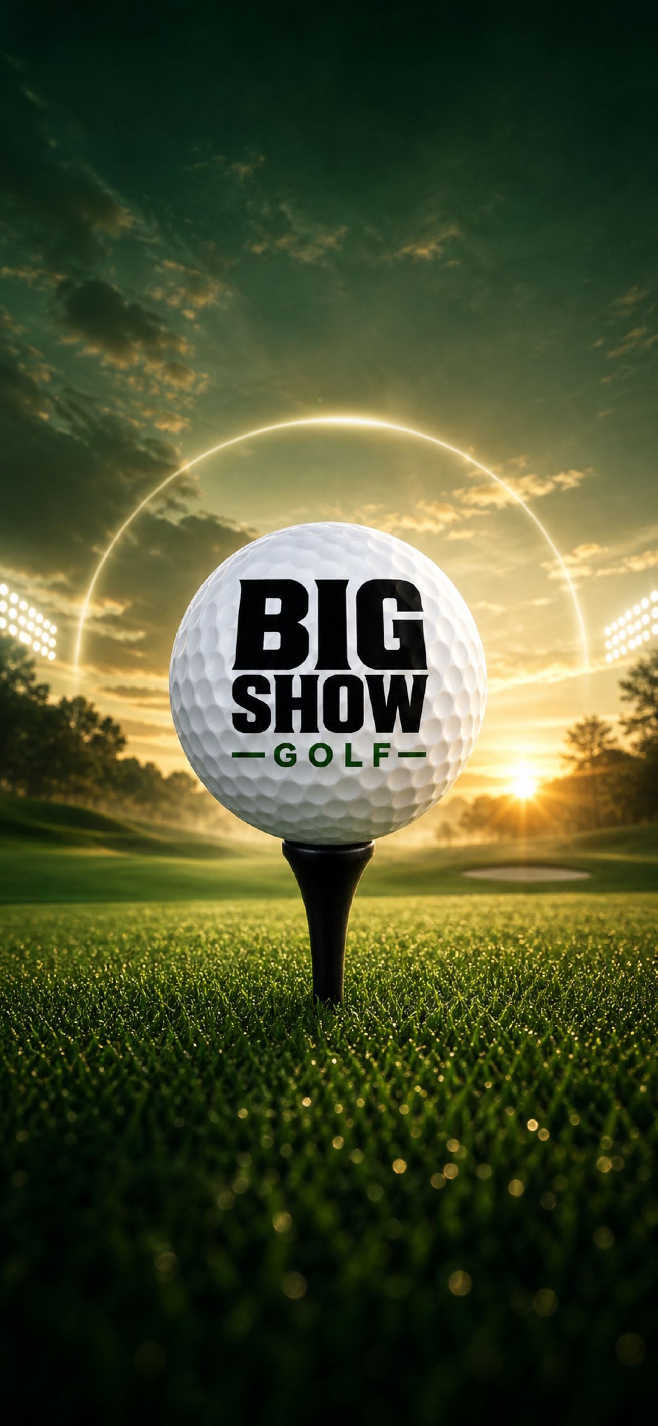 A Big Show Golf ball on a tee at sunset